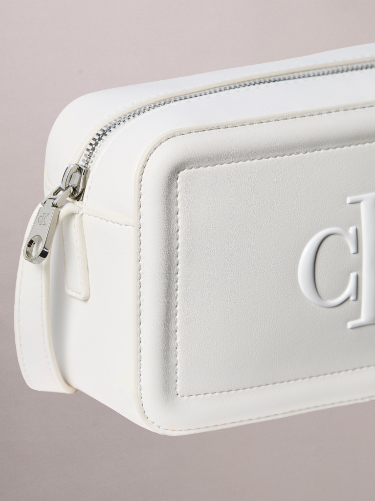 White Embossed Monogram Logo Camera Bag  Women