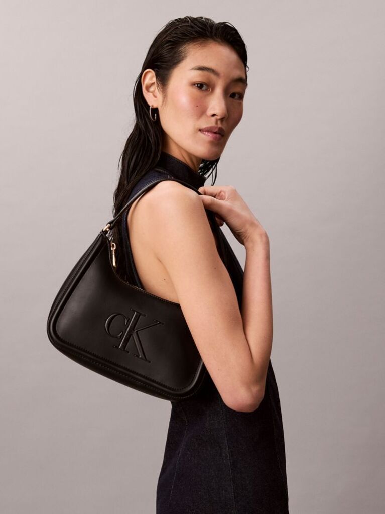 Black Embossed Monogram Logo Shoulder Bag  Women