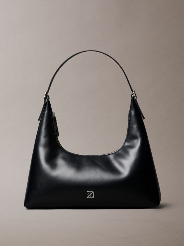 Black Emblem Logo Smooth Leather Shoulder Bag  Women