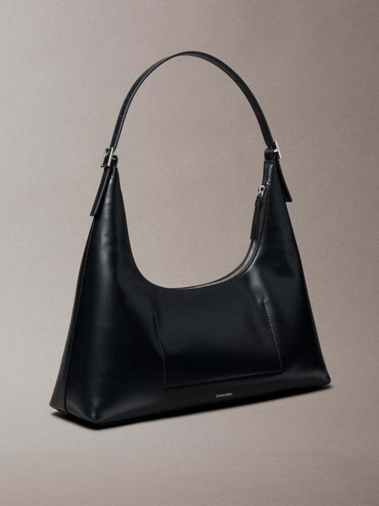 Black Emblem Logo Smooth Leather Shoulder Bag  Women