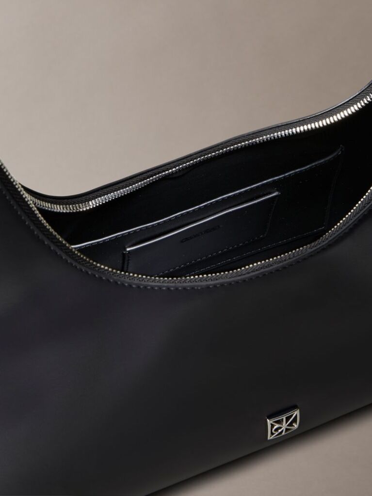 Black Emblem Logo Smooth Leather Shoulder Bag  Women