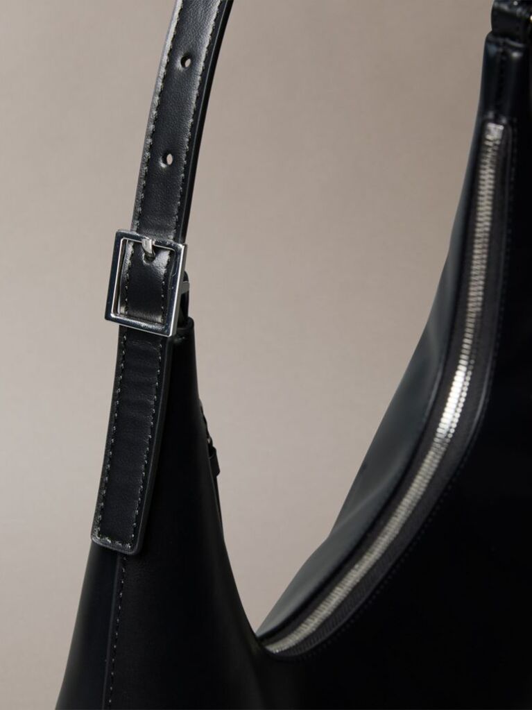 Black Emblem Logo Smooth Leather Shoulder Bag  Women