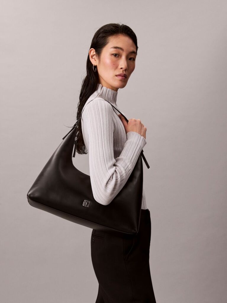 Black Emblem Logo Smooth Leather Shoulder Bag  Women