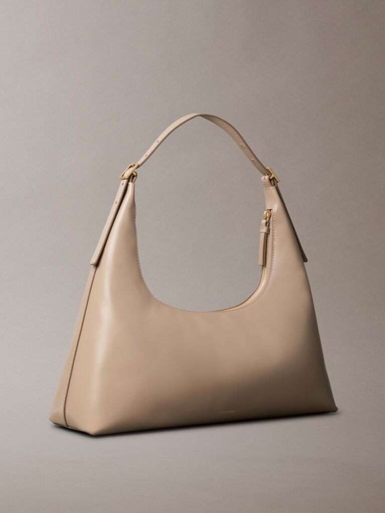 Beige Emblem Logo Smooth Leather Shoulder Bag  Women