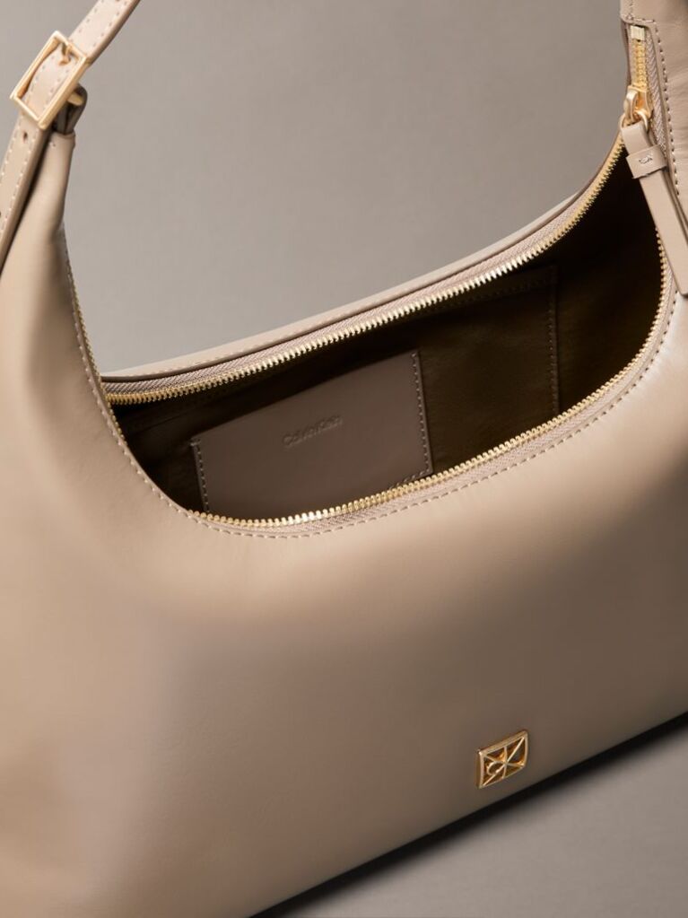 Beige Emblem Logo Smooth Leather Shoulder Bag  Women