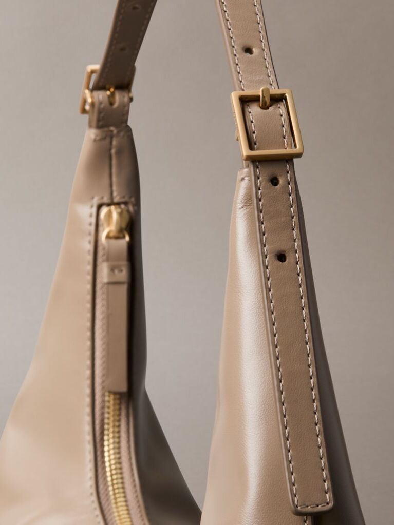 Beige Emblem Logo Smooth Leather Shoulder Bag  Women