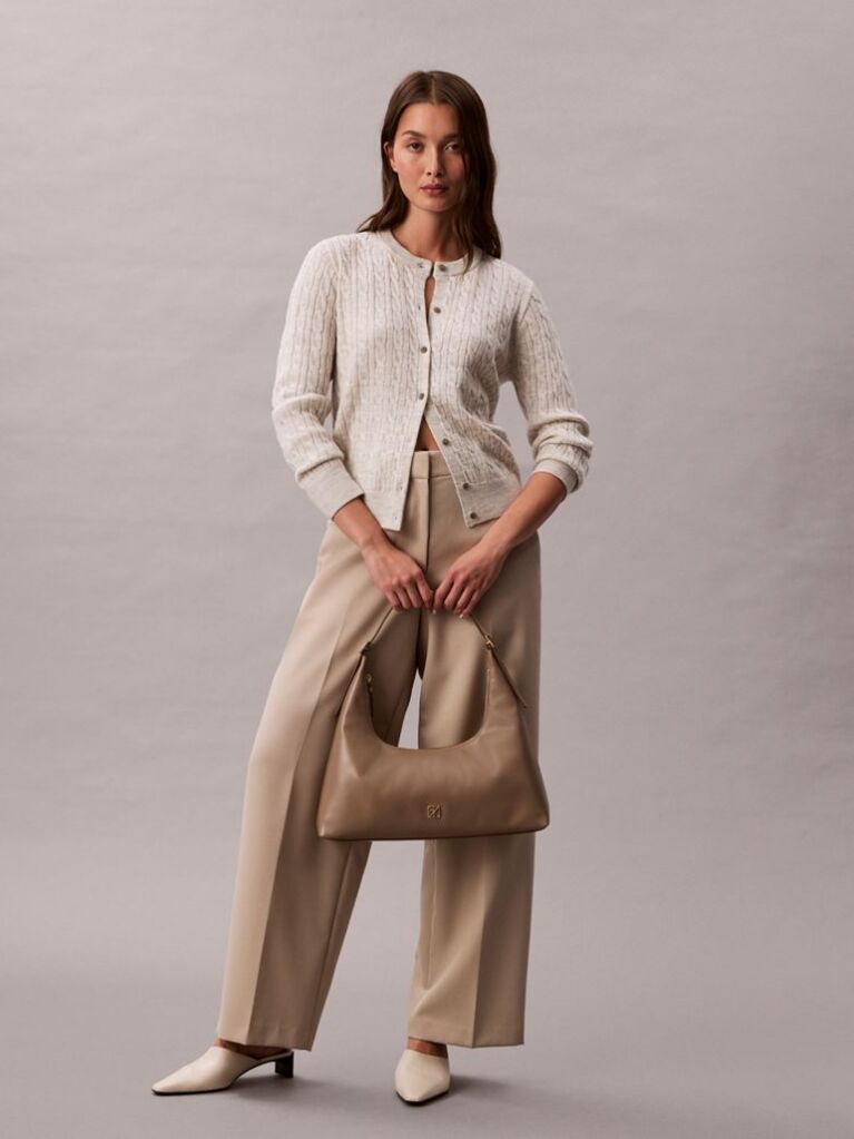 Beige Emblem Logo Smooth Leather Shoulder Bag  Women