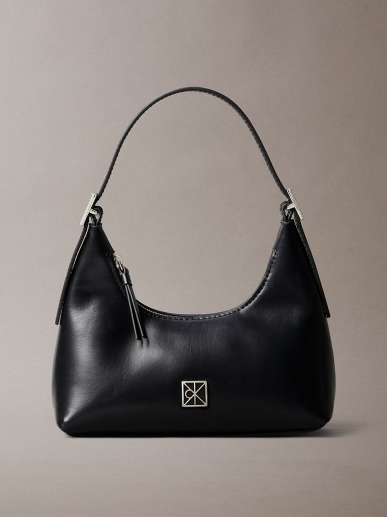 Black Monogram Logo Emblem Leather Small Shoulder Bag  Women