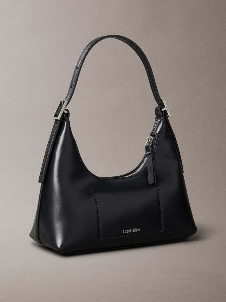 Black Monogram Logo Emblem Leather Small Shoulder Bag  Women
