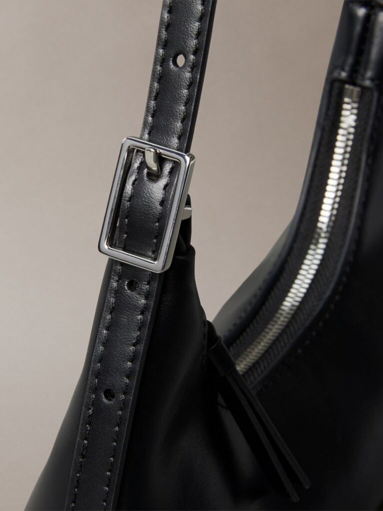 Black Monogram Logo Emblem Leather Small Shoulder Bag  Women