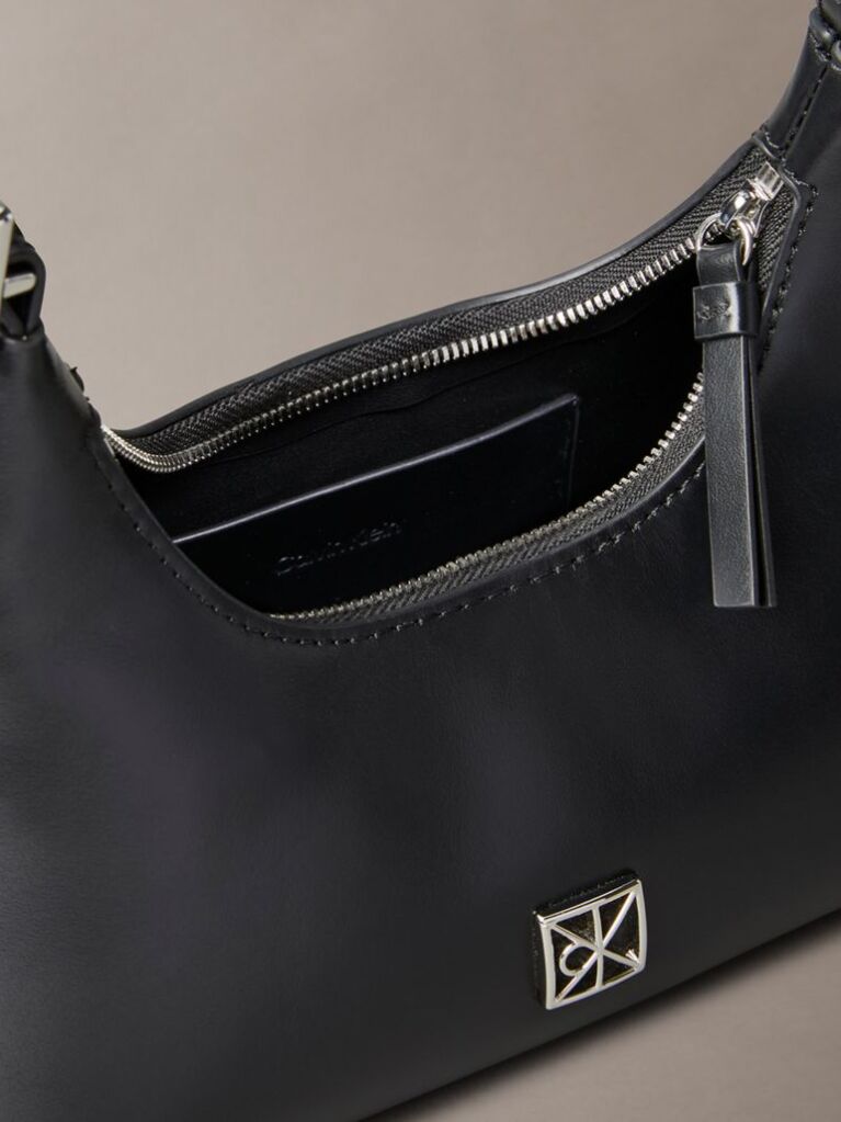 Black Monogram Logo Emblem Leather Small Shoulder Bag  Women