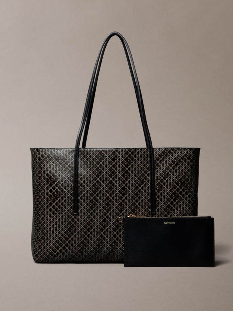 Black Allover Monogram Logo Tote Bag with Pouch  Women