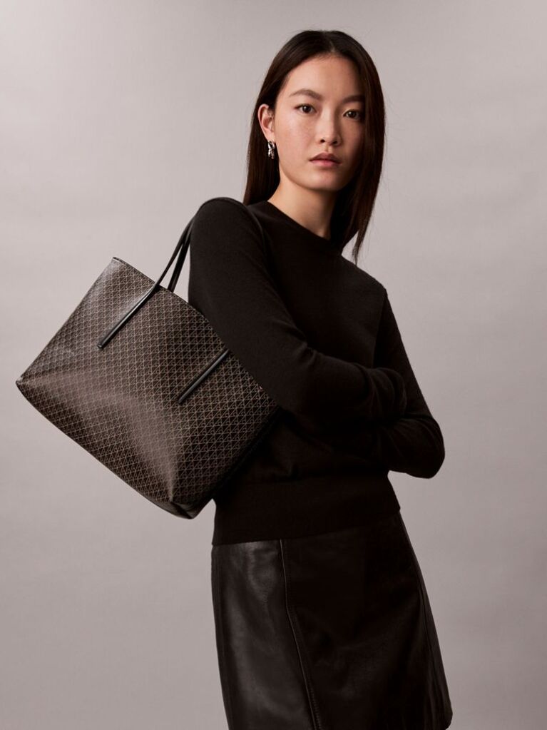 Black Coated Emblem Small Tote Bag  Women