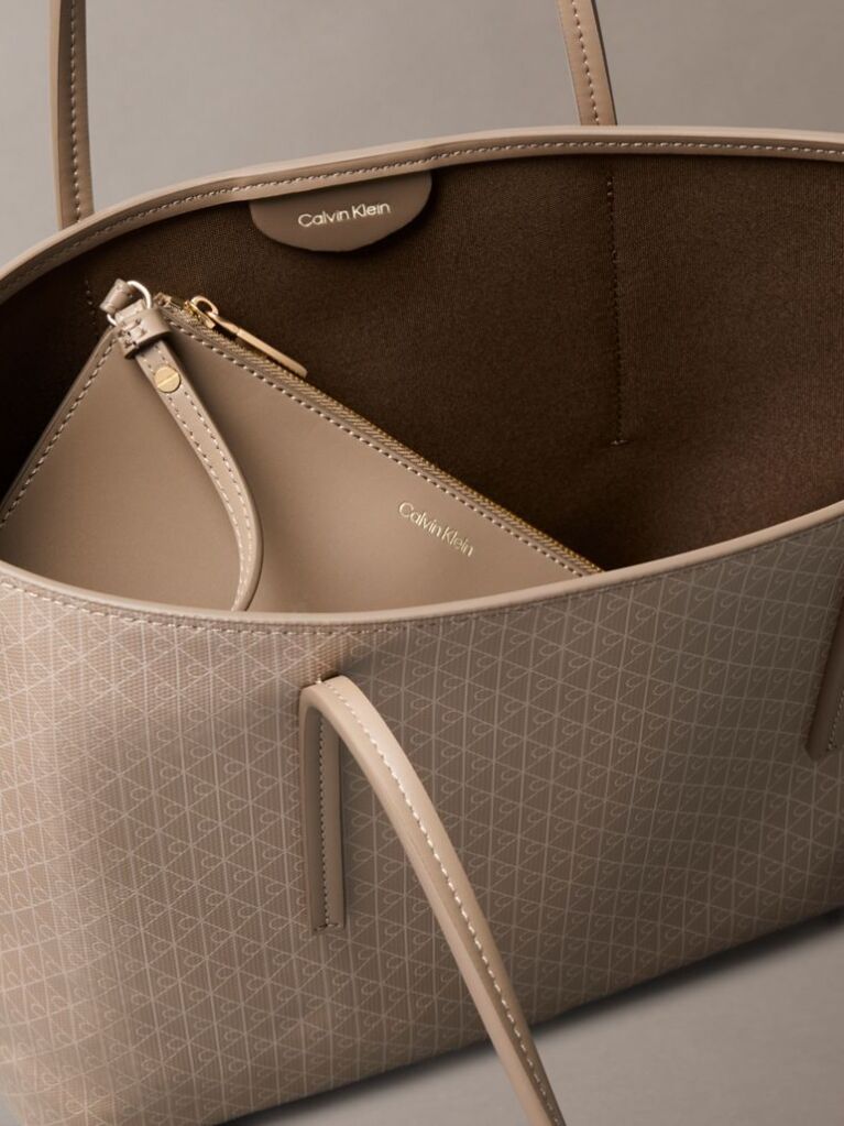 Beige Coated Emblem Small Tote Bag  Women