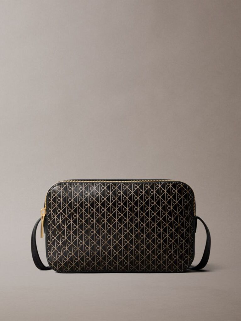 Black Allover Monogram Logo Camera Bag  Women