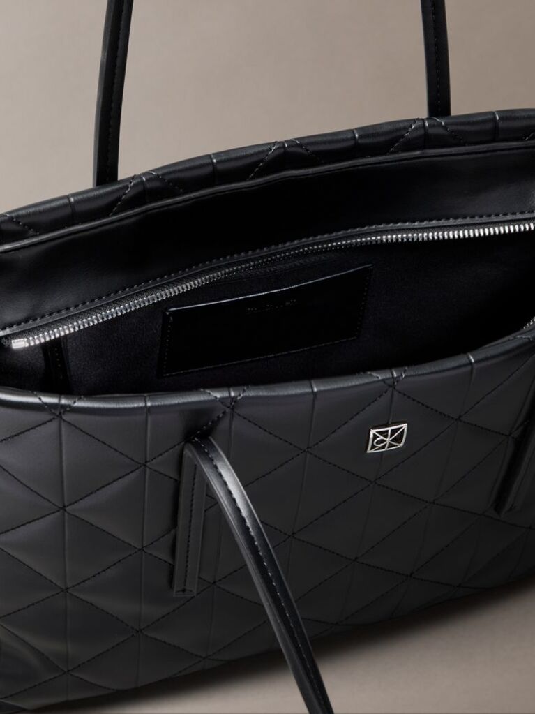 Black Quilted Emblem Logo Small Tote Bag  Women