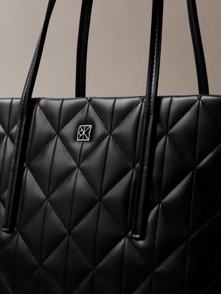 Black Quilted Emblem Logo Small Tote Bag  Women