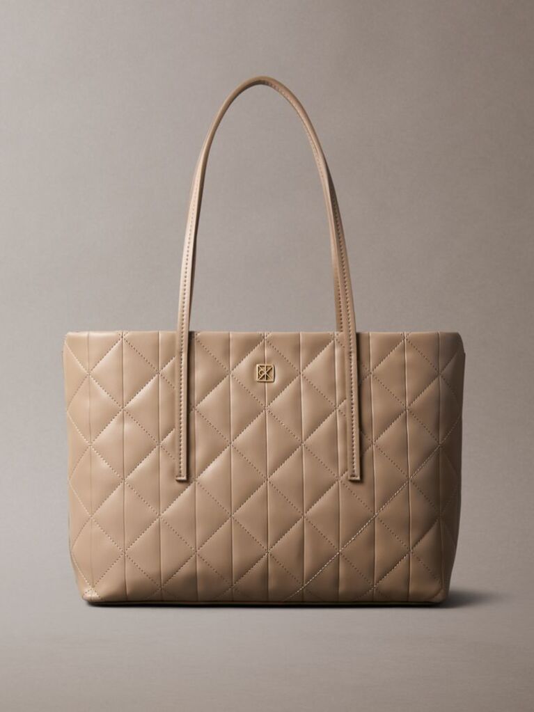 Beige Quilted Emblem Logo Small Tote Bag  Women