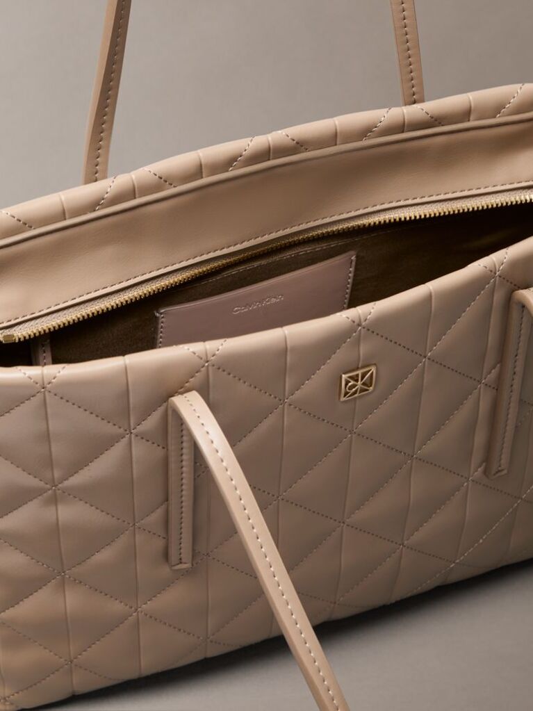 Beige Quilted Emblem Logo Small Tote Bag  Women