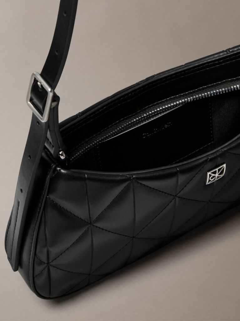 Black Quilted Emblem Logo Small Shoulder Bag  Women