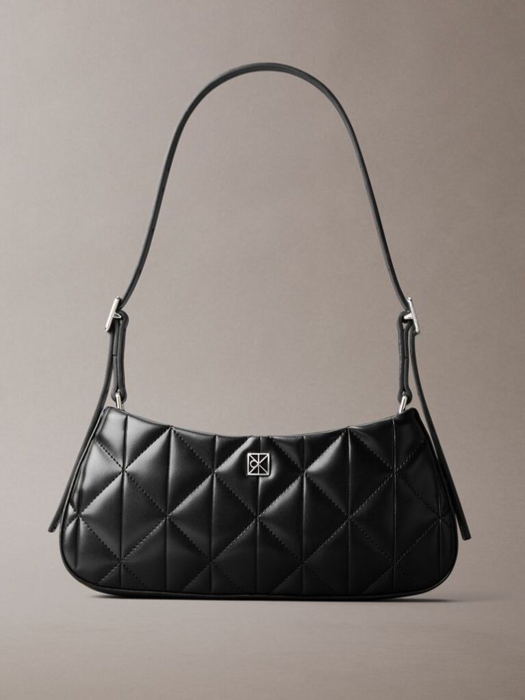 Black Quilted Emblem Logo Small Shoulder Bag  Women