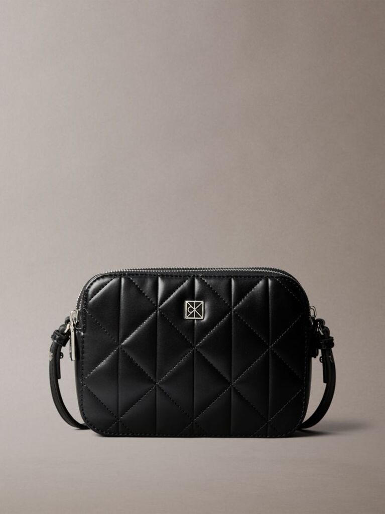 Black Quilted Emblem Logo Double Zip Camera Bag  Women