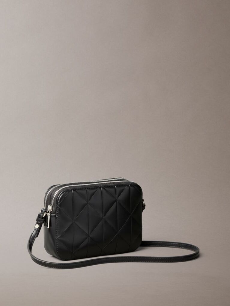 Black Quilted Emblem Logo Double Zip Camera Bag  Women