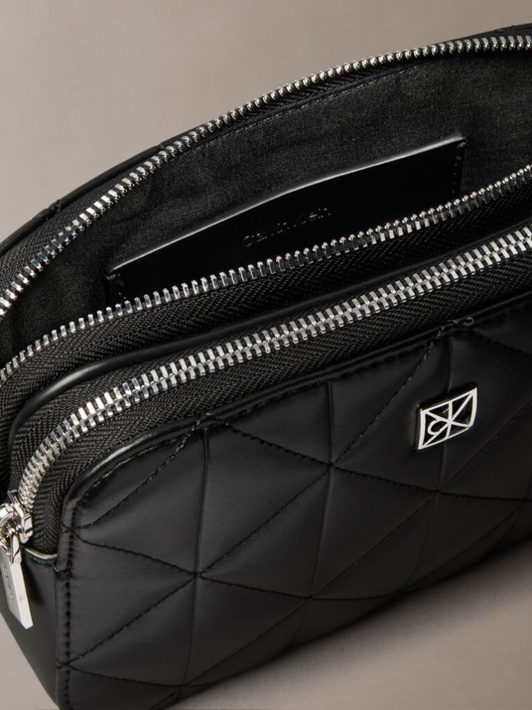 Black Quilted Emblem Logo Double Zip Camera Bag  Women
