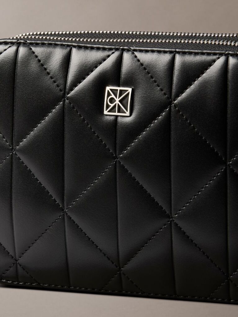 Black Quilted Emblem Logo Double Zip Camera Bag  Women