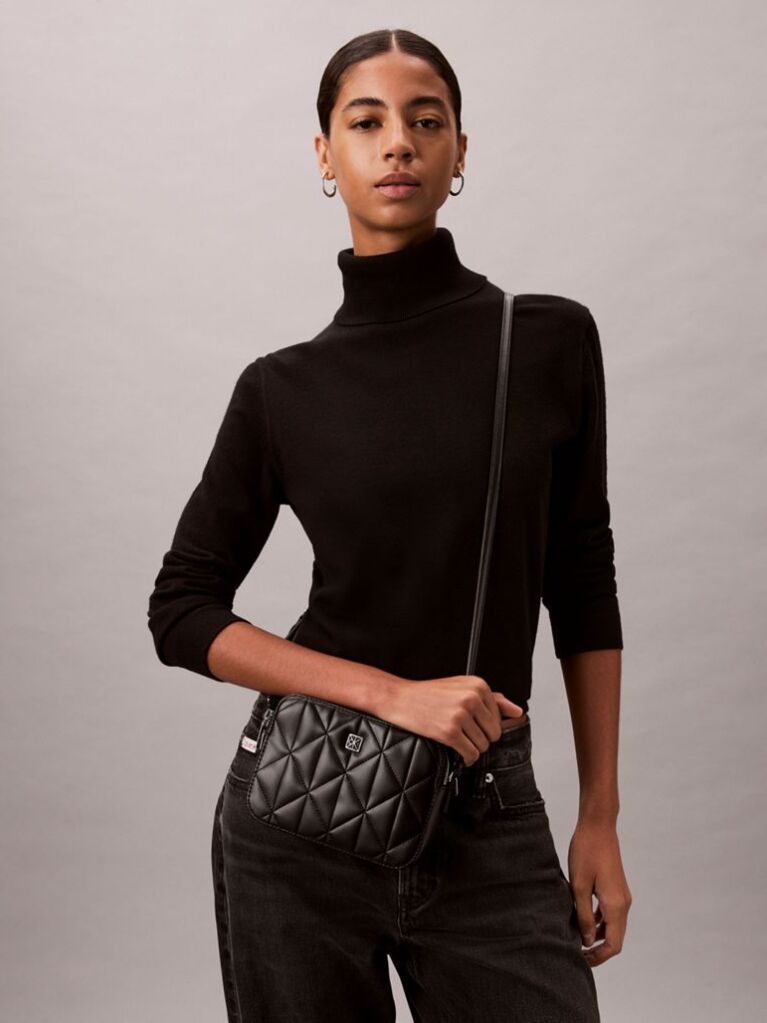 Black Quilted Emblem Logo Double Zip Camera Bag  Women