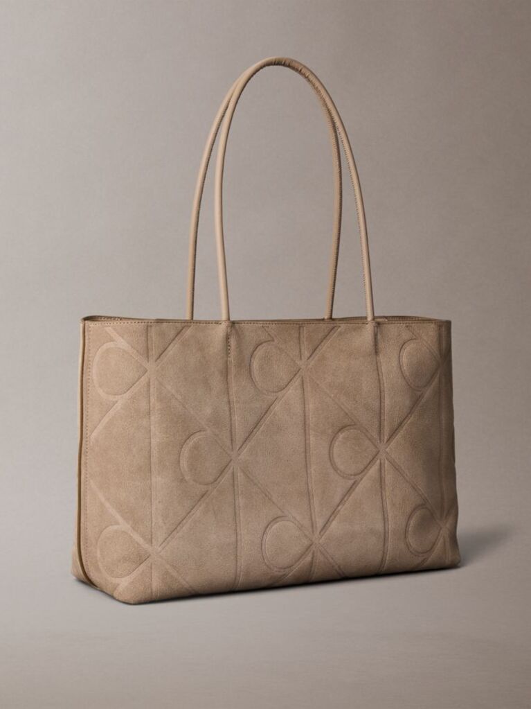 Beige Embossed Emblem Logo Sueded Tote Bag  Women