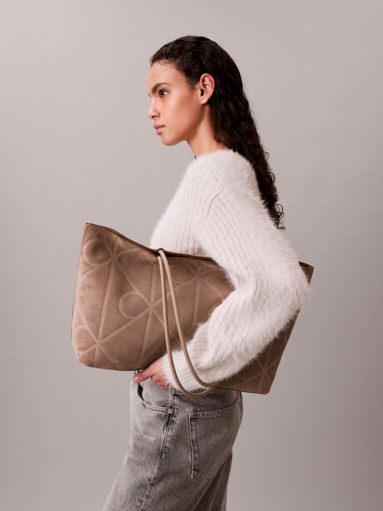 Beige Embossed Emblem Logo Sueded Tote Bag  Women