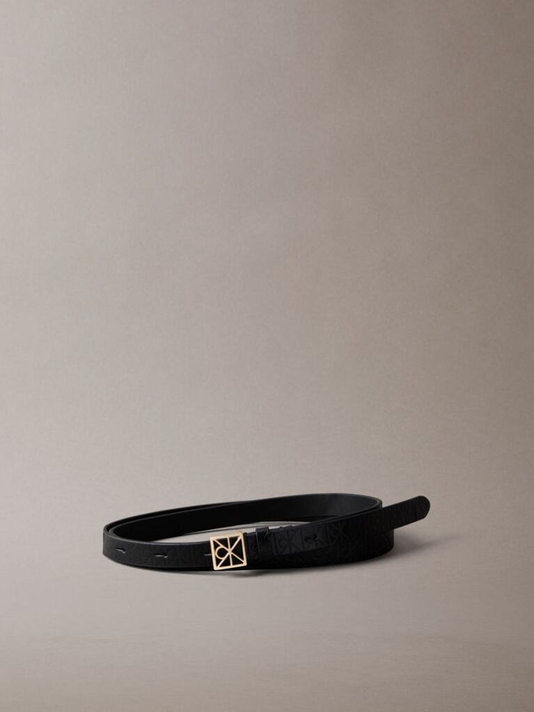 Black Full Grain Leather Skinny Logo Belt  Women