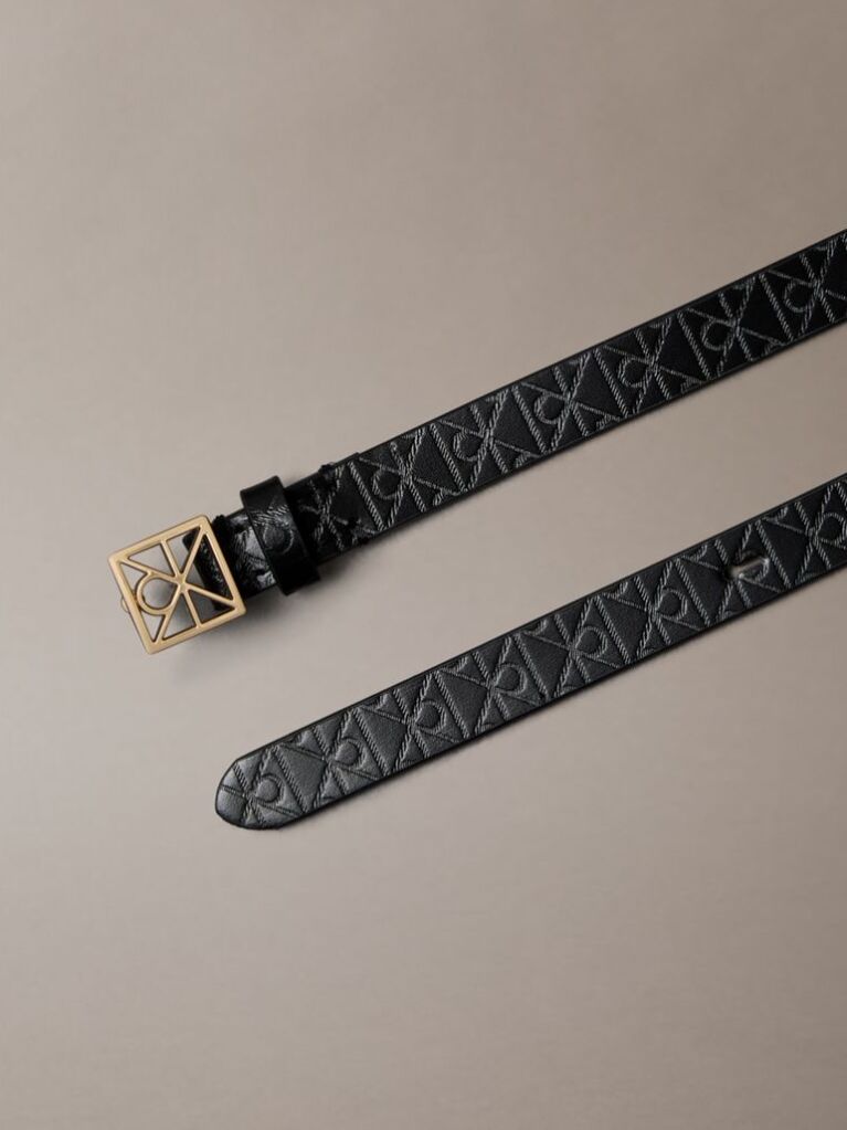 Black Full Grain Leather Skinny Logo Belt  Women