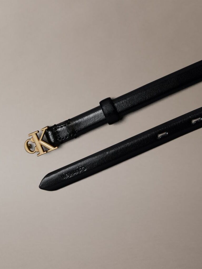 Black Full Grain Leather Skinny Logo Belt  Women