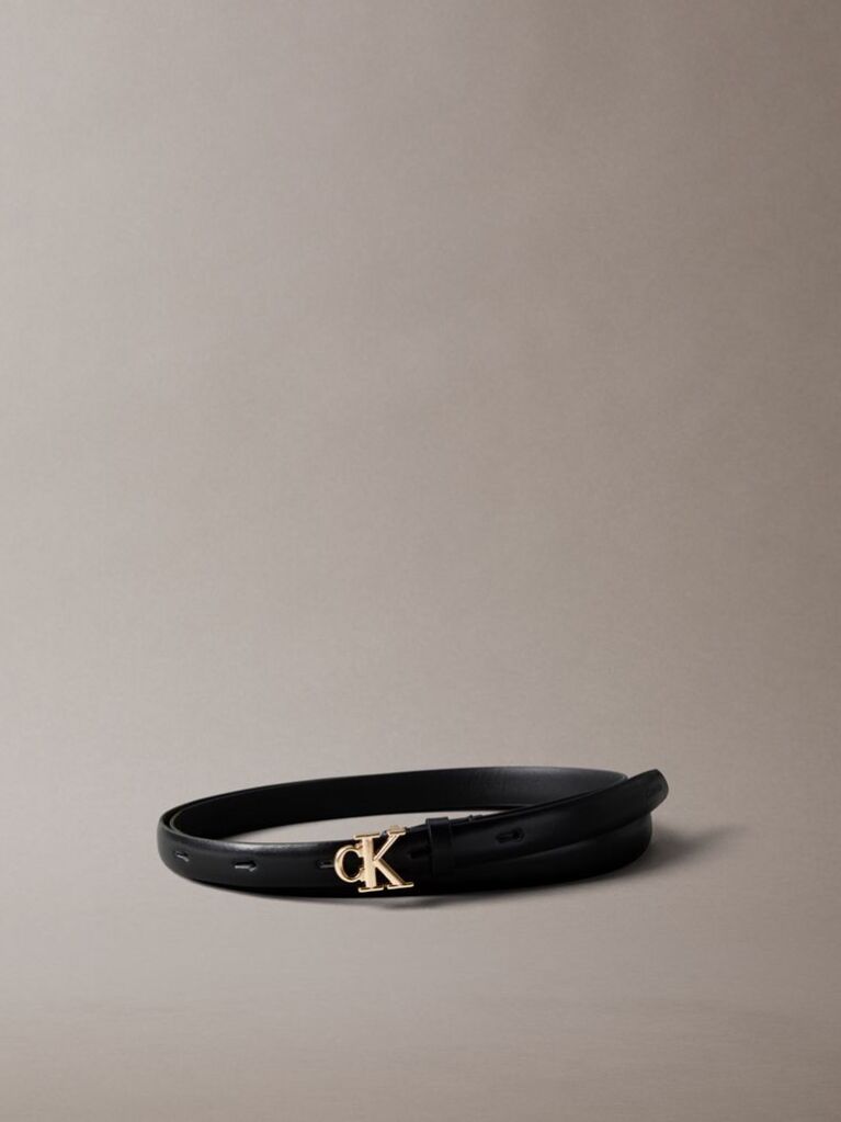 Black Full Grain Leather Skinny Logo Belt  Women