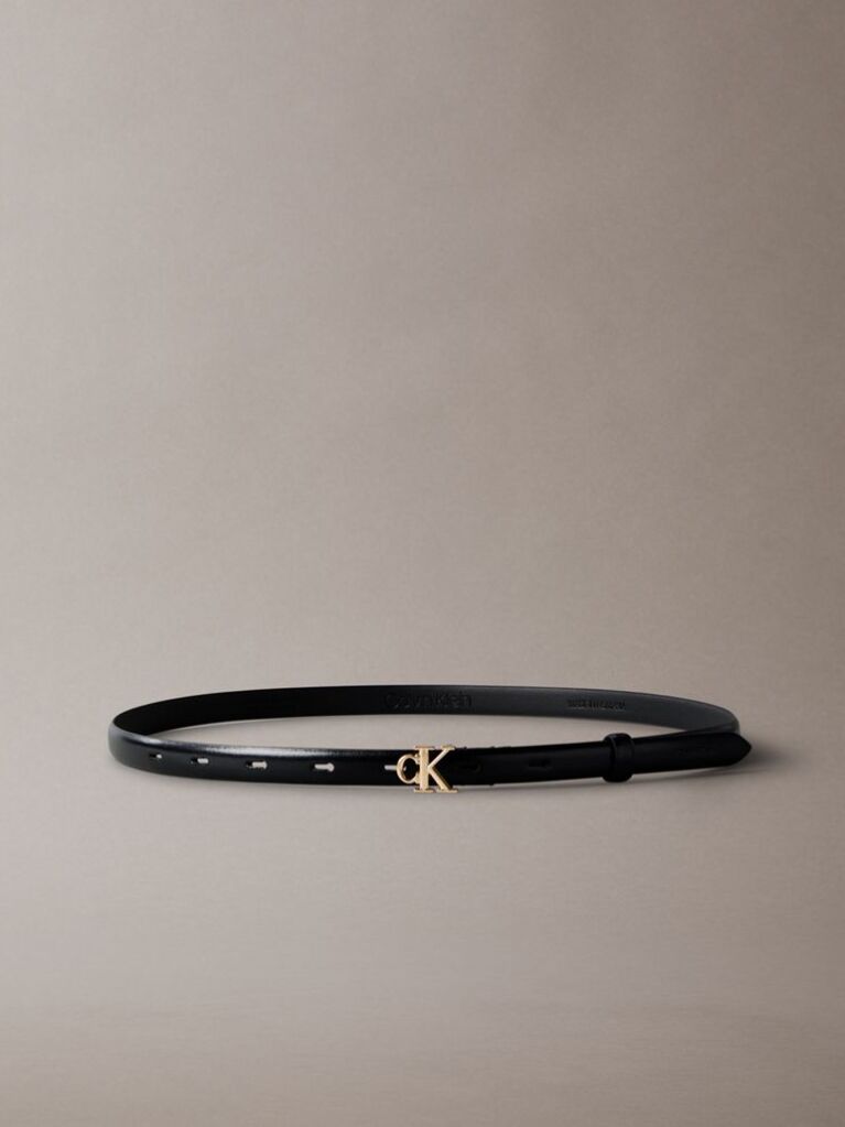 Black Full Grain Leather Skinny Logo Belt  Women