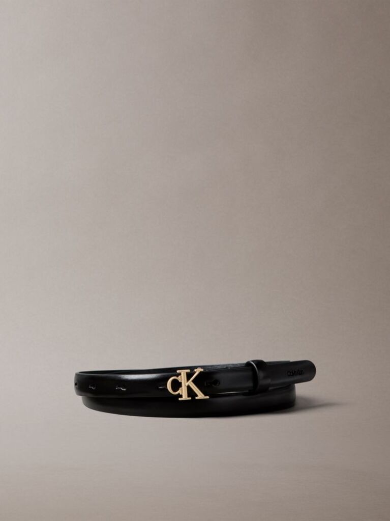 Black Skinny Leather Monogram Logo Belt  Women