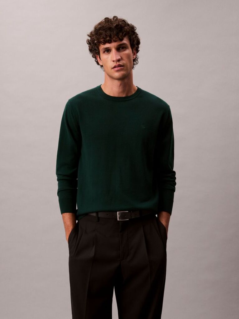 Green Merino Wool Classic Sweater  Men
