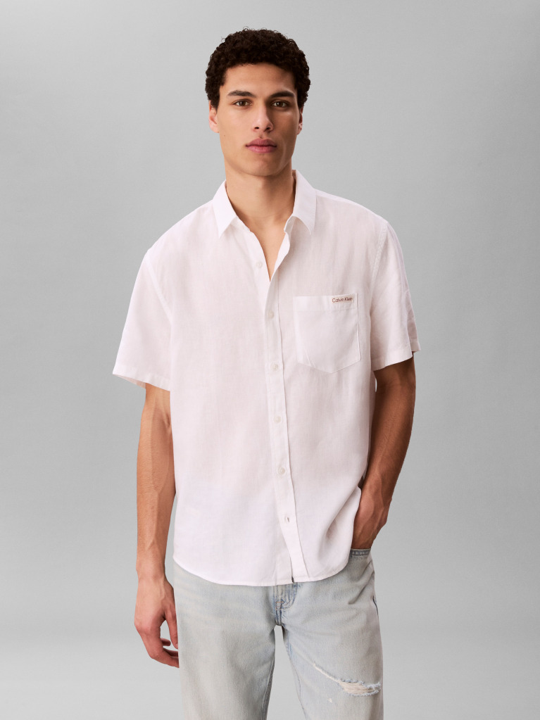 White Short Sleeve Solid Causal Linen Classic Shirt  Men