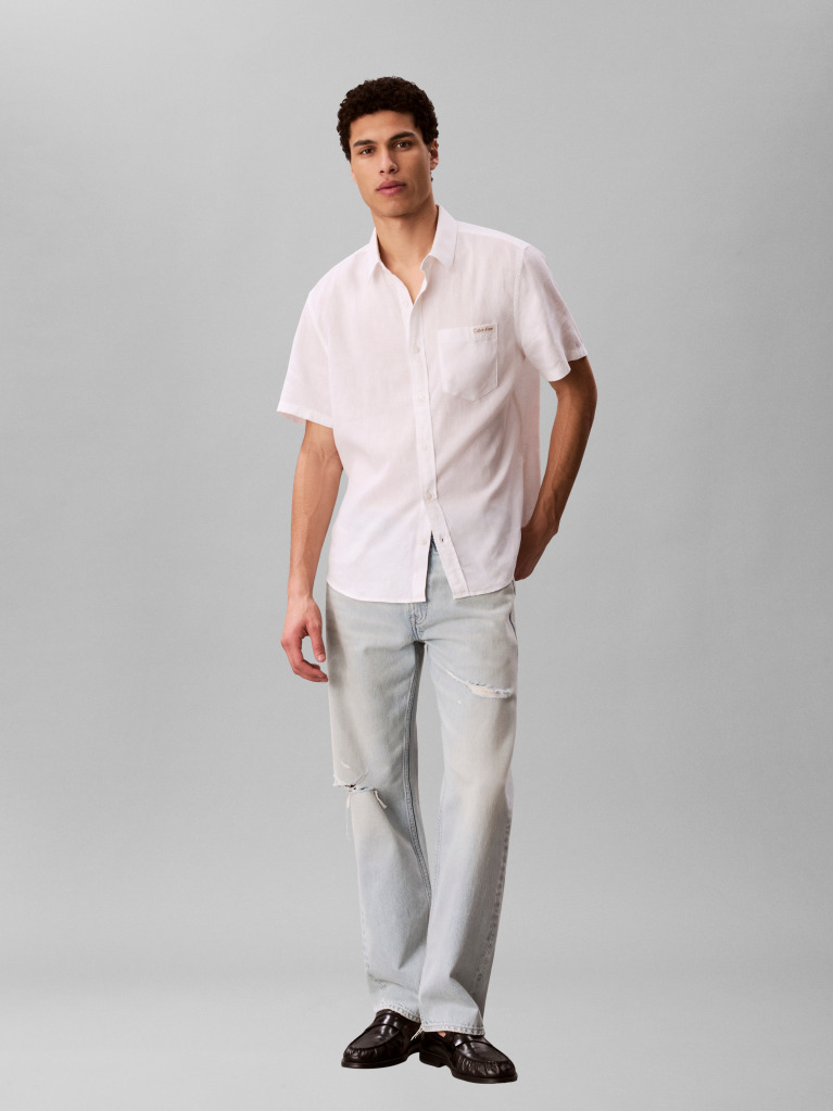 White Short Sleeve Solid Causal Linen Classic Shirt  Men