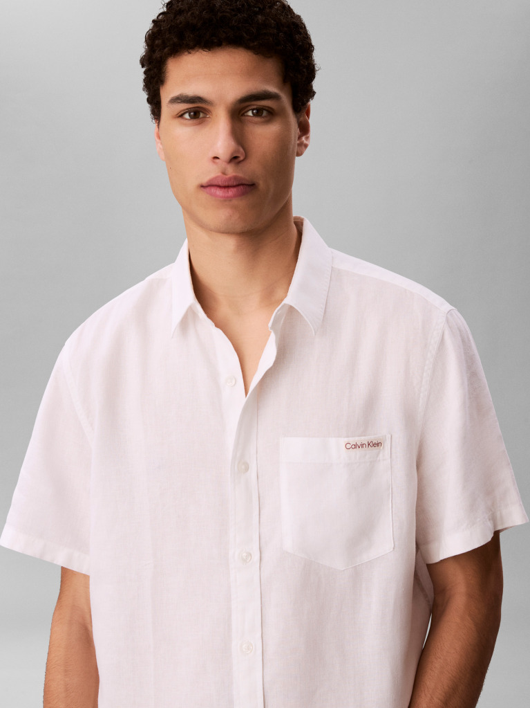 White Short Sleeve Solid Causal Linen Classic Shirt  Men