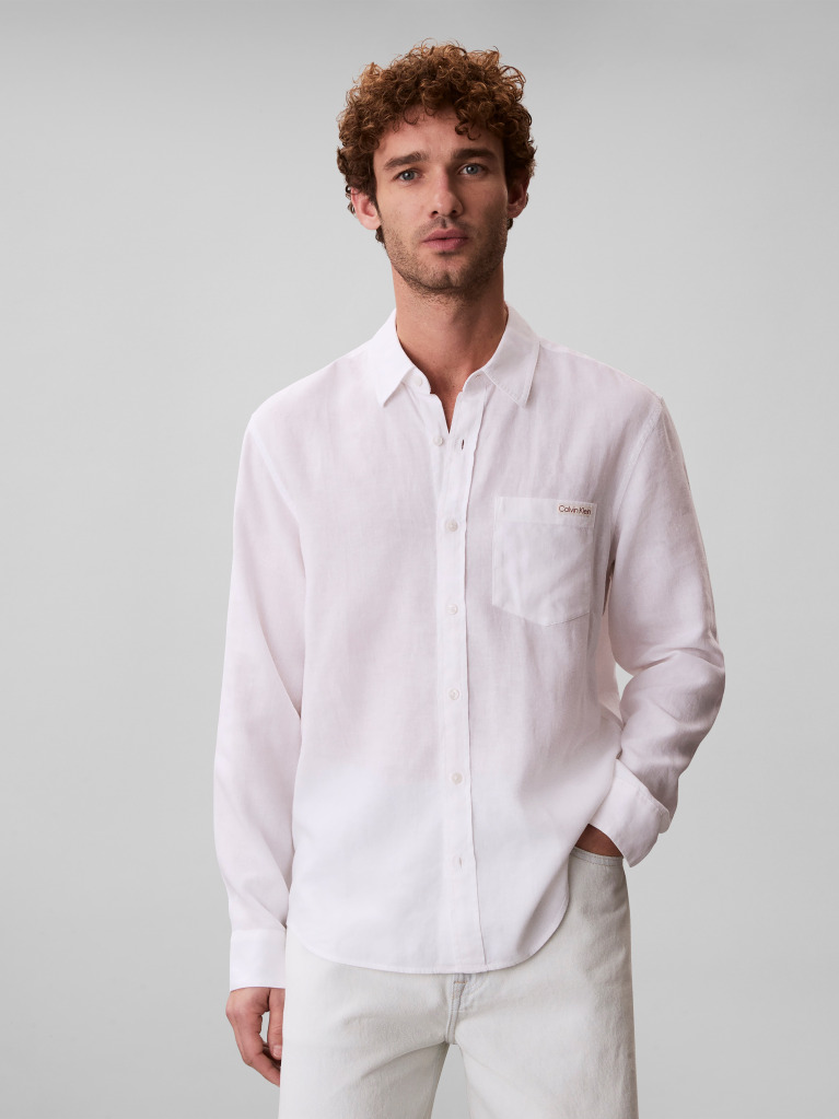 White Long Sleeve Solid Casual Linen Classic Shirt  Men