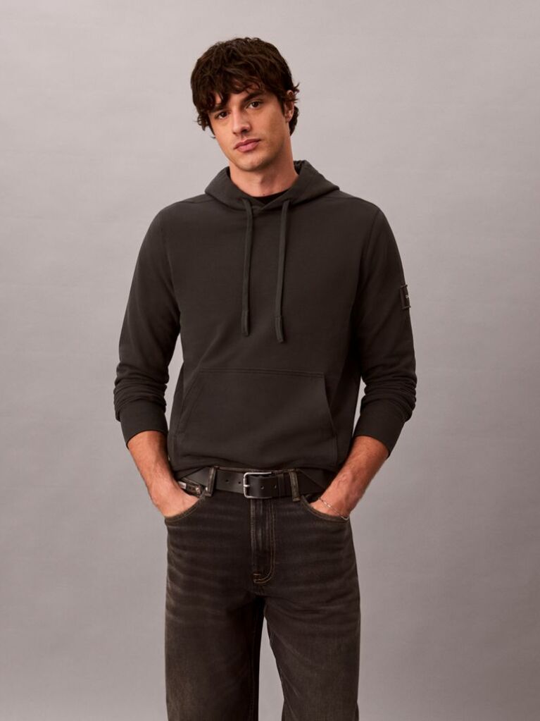 Black Cotton Terry Badge Hoodie  Men