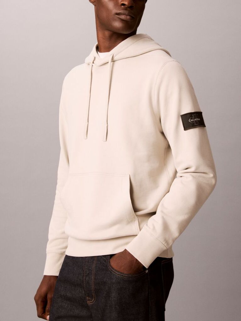 Beige Cotton Terry Badge Hoodie  Men