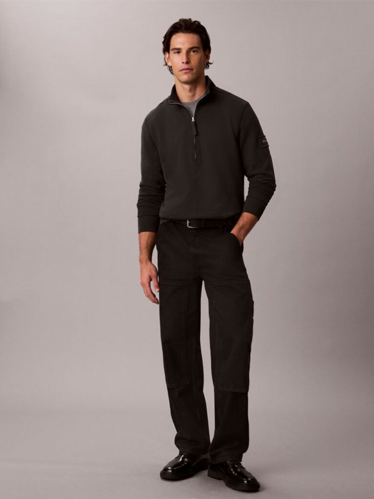 Black Cotton Terry Quarter Zip Sweatshirt  Men