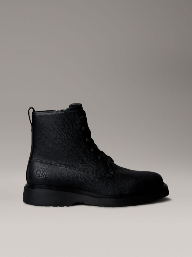 Black Tumbled Leather Lace-Up Zip Boots  Men